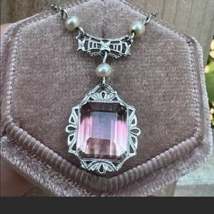 Vintage  10k antique art deco tourmaline   pearl white vintage  gold necklace
